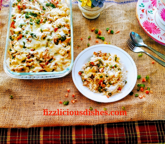 Cheesy Chicken Veggies Rice Bake